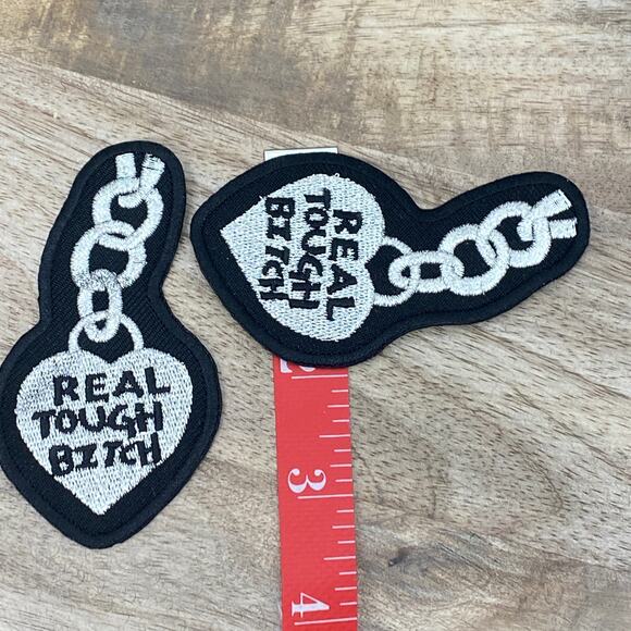 RTB Real Tough Babe Chain Heart Patches Biker Babe Coat Iron On Bling BLACK - Picture 4 of 5